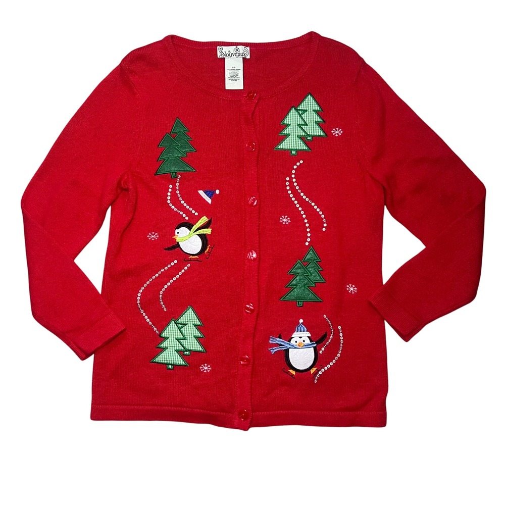 VTG 90s Christmas Cardigan Sweater Red Penguins Sequins Holiday Womens L Festive